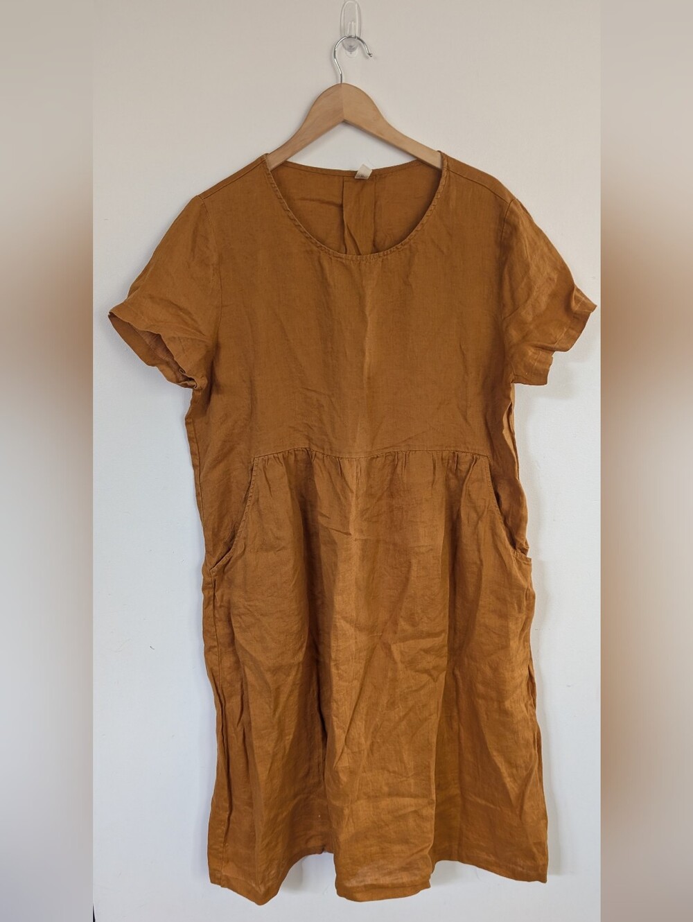 Grae Cove 100% Linen Gold Short Sleeve Dress XL Pockets Marigold